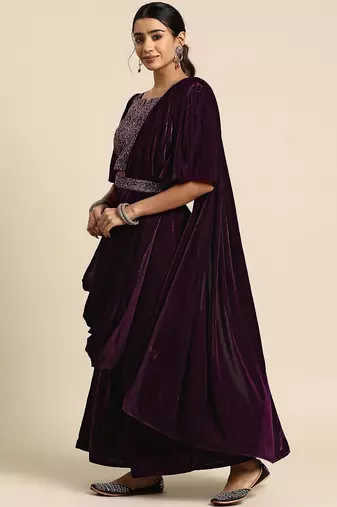 burgundy embellished embroidered velvet palazzo saree with belt