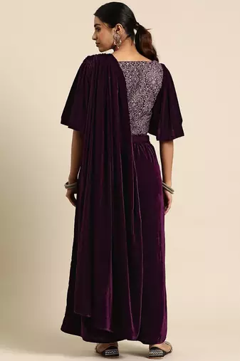 burgundy embellished embroidered velvet palazzo saree with belt