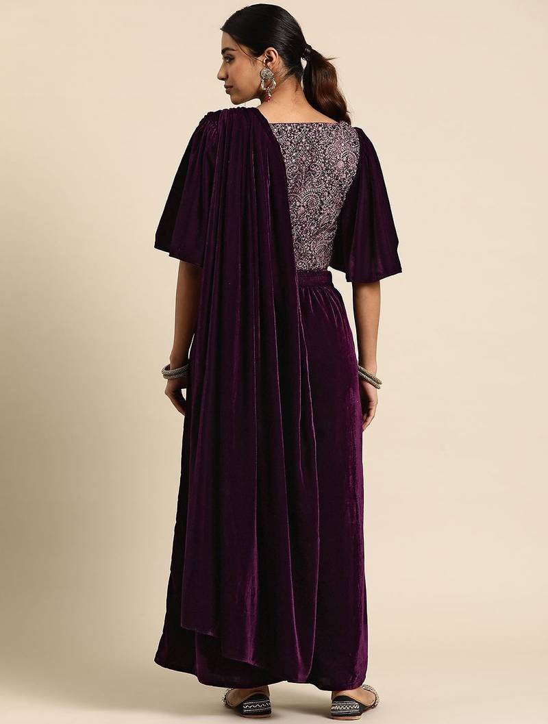 burgundy embellished embroidered velvet palazzo saree with belt