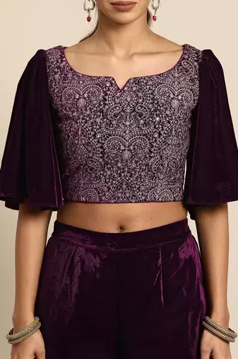 burgundy embellished embroidered velvet palazzo saree with belt