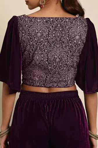 burgundy embellished embroidered velvet palazzo saree with belt