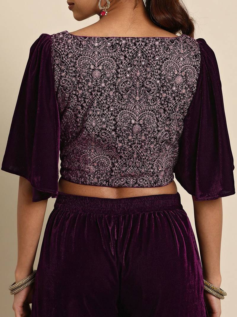 burgundy embellished embroidered velvet palazzo saree with belt