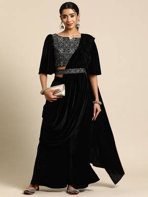 black embellished embroidered velvet palazzo saree with belt 1