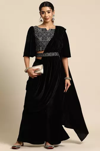 black embellished embroidered velvet palazzo saree with belt
