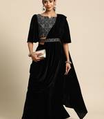 black embellished embroidered velvet palazzo saree with belt