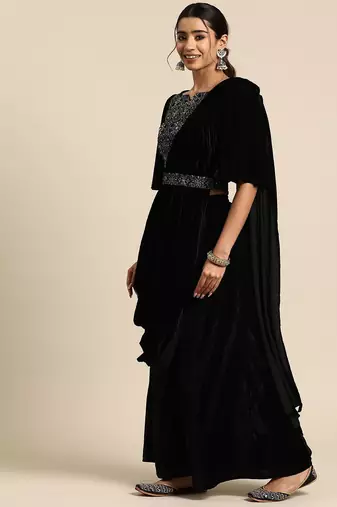 black embellished embroidered velvet palazzo saree with belt
