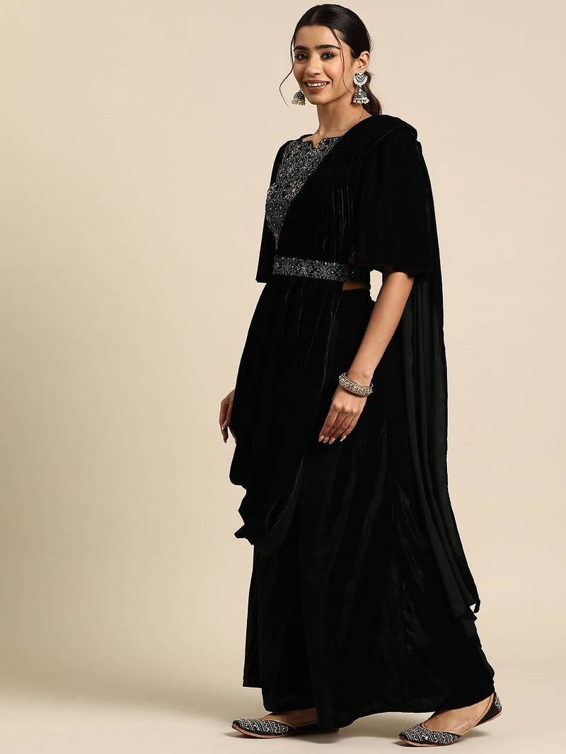 black embellished embroidered velvet palazzo saree with belt