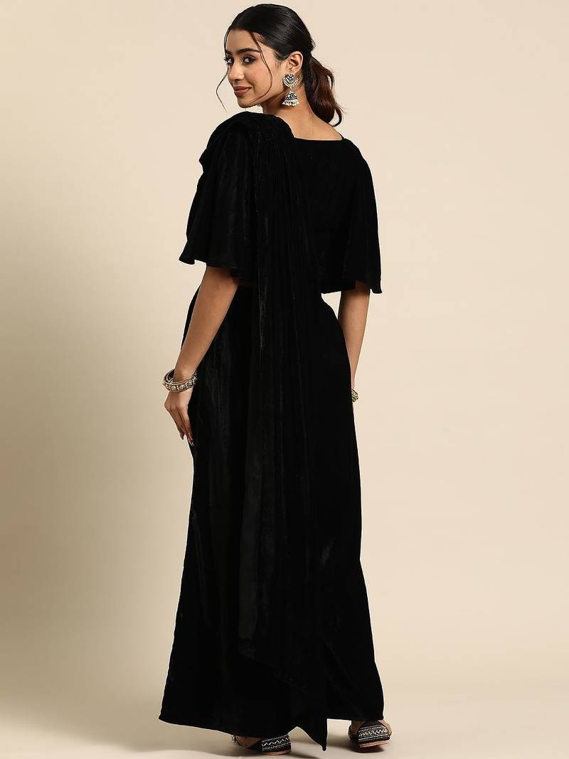 black embellished embroidered velvet palazzo saree with belt