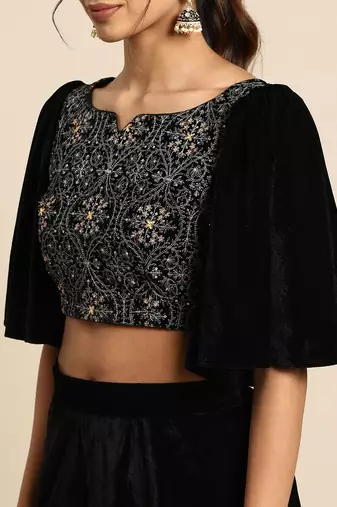 black embellished embroidered velvet palazzo saree with belt