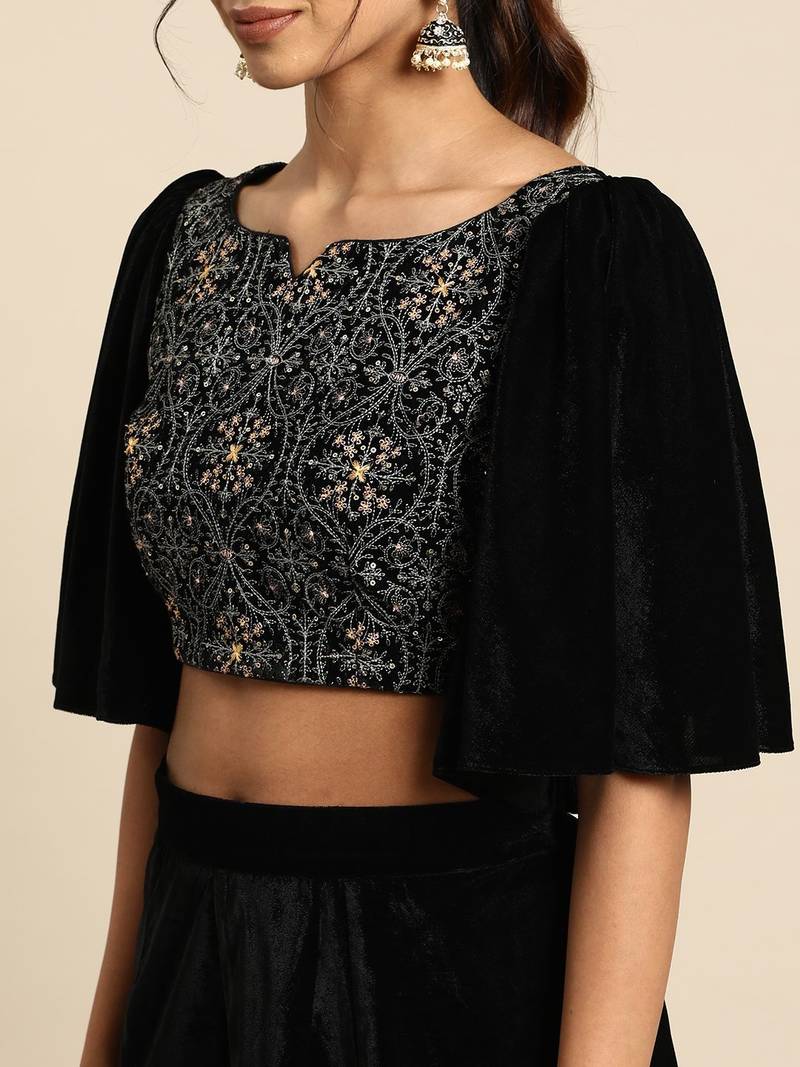 black embellished embroidered velvet palazzo saree with belt