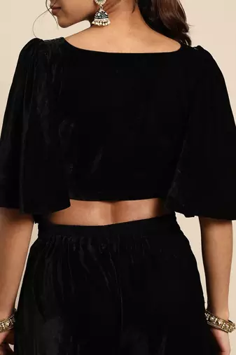 black embellished embroidered velvet palazzo saree with belt