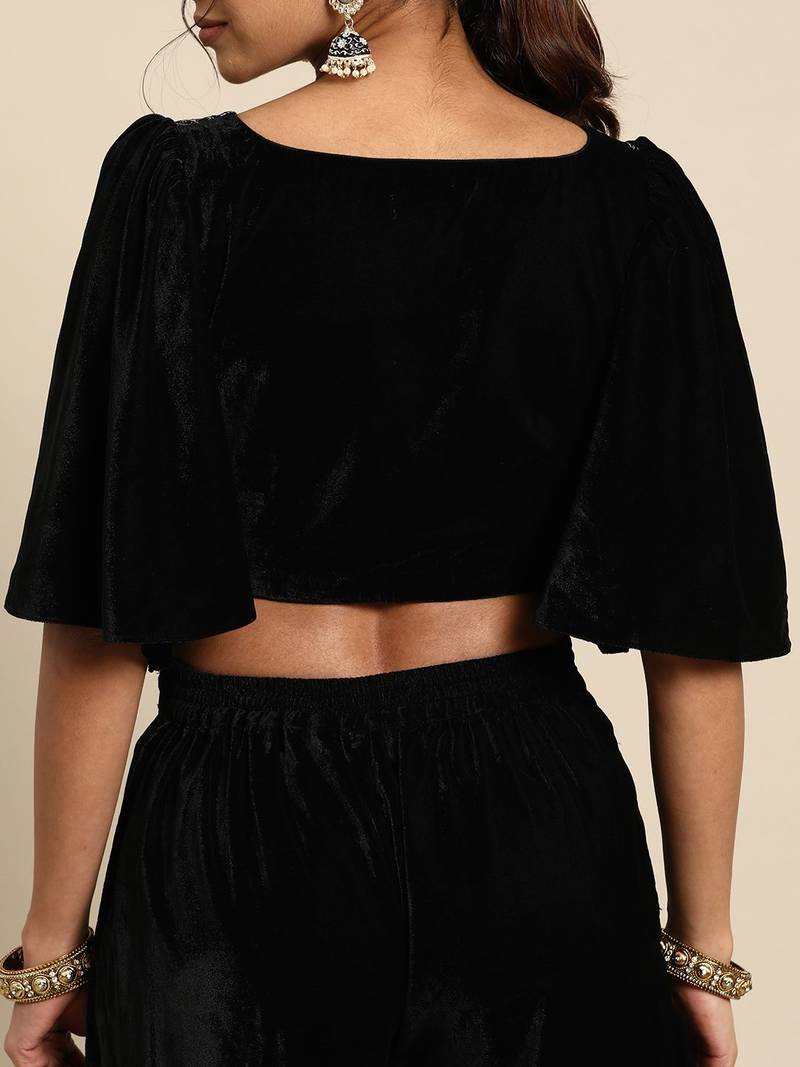 black embellished embroidered velvet palazzo saree with belt