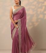 purple embellished crepe sarees with unstitched blouse piece