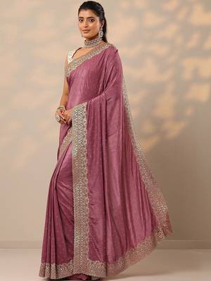 purple embellished crepe sarees with unstitched blouse piece 2