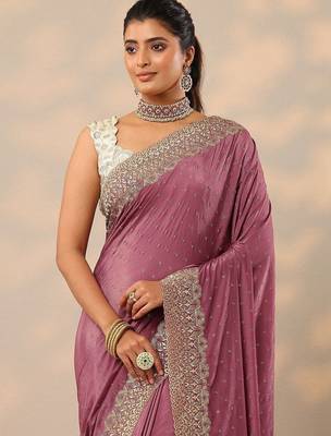 purple embellished crepe sarees with unstitched blouse piece 3