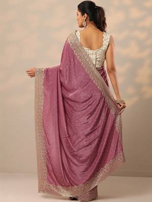purple embellished crepe sarees with unstitched blouse piece 5