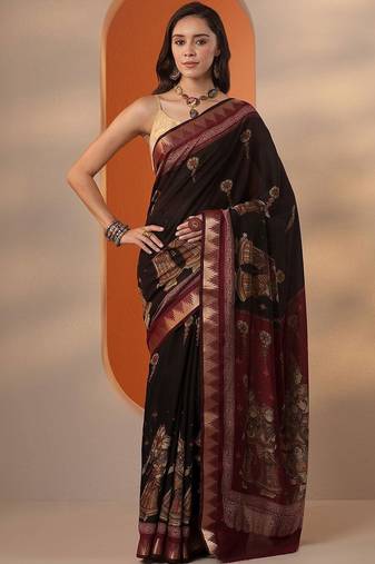 maroon printed saree with unstitched blouse piece