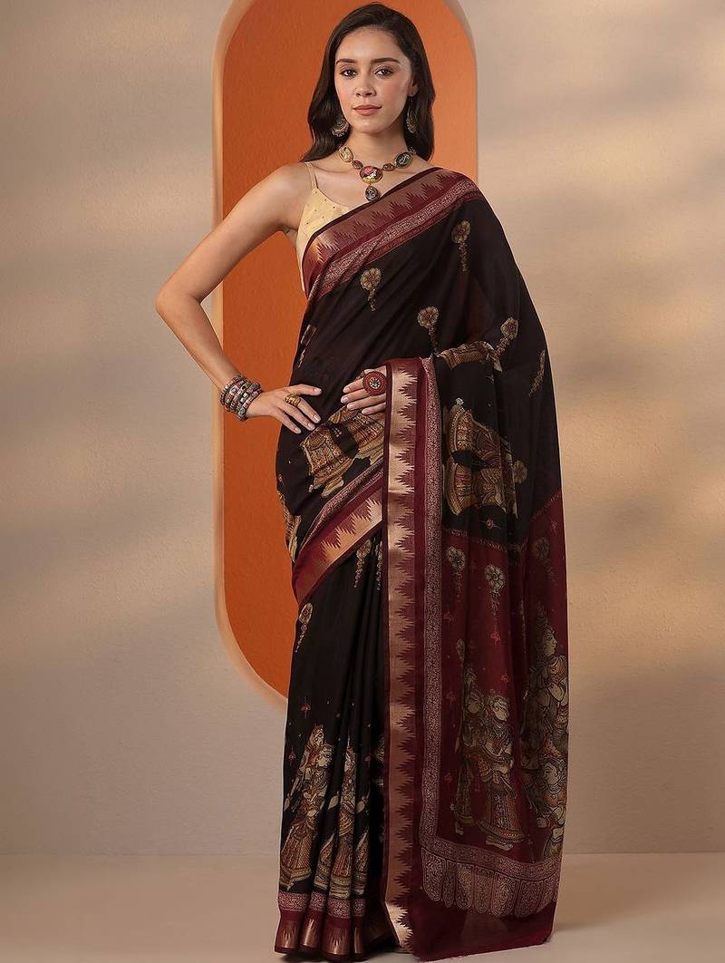 maroon printed saree with unstitched blouse piece
