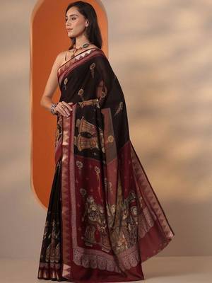 maroon printed saree with unstitched blouse piece 2