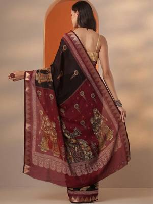 maroon printed saree with unstitched blouse piece 4