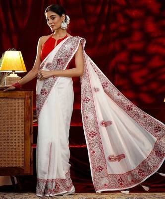white embroidered silk blend saree 1