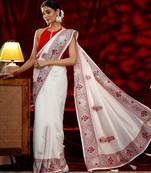 white embroidered silk blend saree