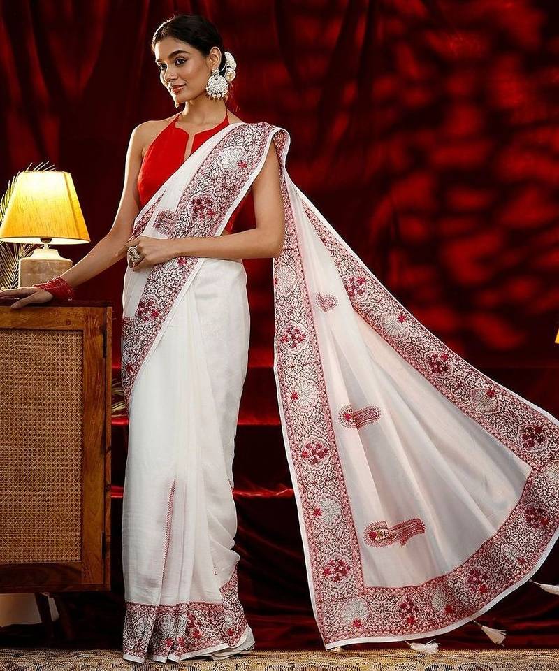 white embroidered silk blend saree