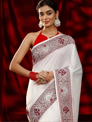 white embroidered silk blend saree 2