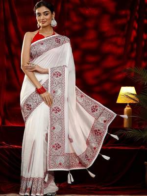 white embroidered silk blend saree 3