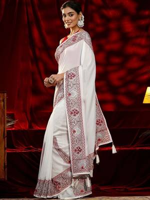 white embroidered silk blend saree 4