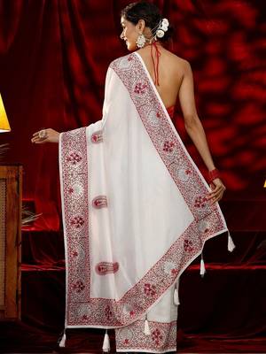 white embroidered silk blend saree 5