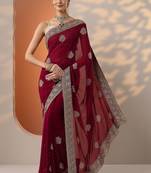 maroon embroidered georgette saree with unstitched blouse piece