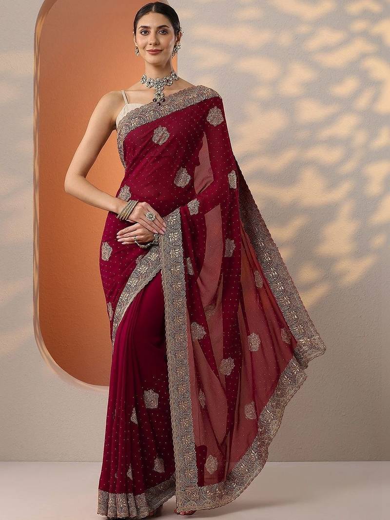 maroon embroidered georgette saree with unstitched blouse piece