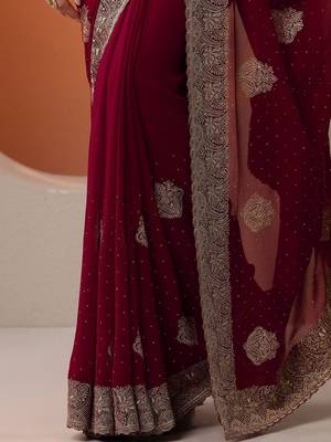 maroon embroidered georgette saree with unstitched blouse piece 3