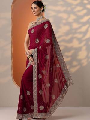 maroon embroidered georgette saree with unstitched blouse piece 4