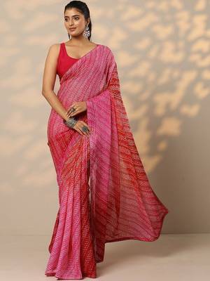 red bandhani printed chiffon saree with unstitched blouse piece 2