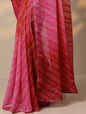 red bandhani printed chiffon saree with unstitched blouse piece 3