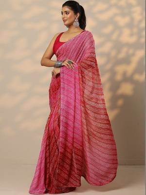 red bandhani printed chiffon saree with unstitched blouse piece 5