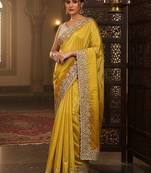 yellow embellished crepe saree with unstitched blouse piece
