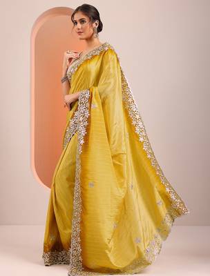 yellow embellished crepe saree with unstitched blouse piece 3