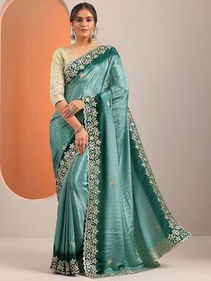 blue embellished crepe saree with unstitched blouse piece 2