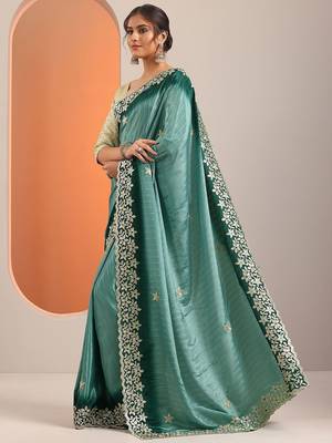 blue embellished crepe saree with unstitched blouse piece 3