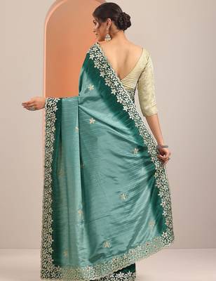 blue embellished crepe saree with unstitched blouse piece 4