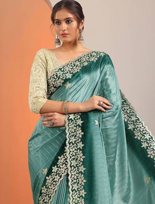 blue embellished crepe saree with unstitched blouse piece 5