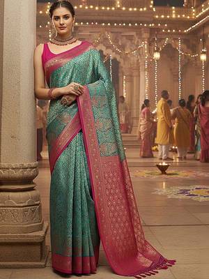teal woven design banarasi saree with unstitched blouse piece 1