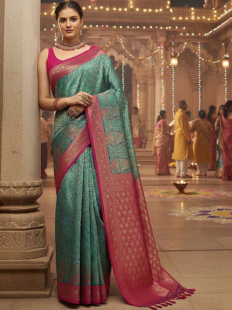 teal woven design banarasi saree with unstitched blouse piece