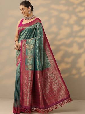 teal woven design banarasi saree with unstitched blouse piece 2