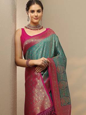 teal woven design banarasi saree with unstitched blouse piece 3