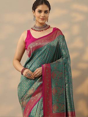 teal woven design banarasi saree with unstitched blouse piece 4