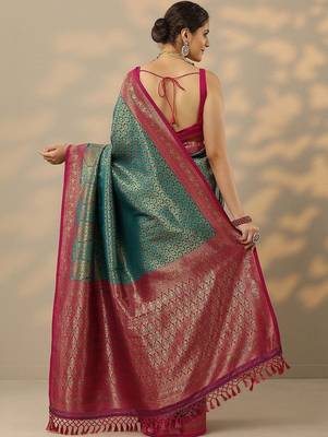 teal woven design banarasi saree with unstitched blouse piece 5